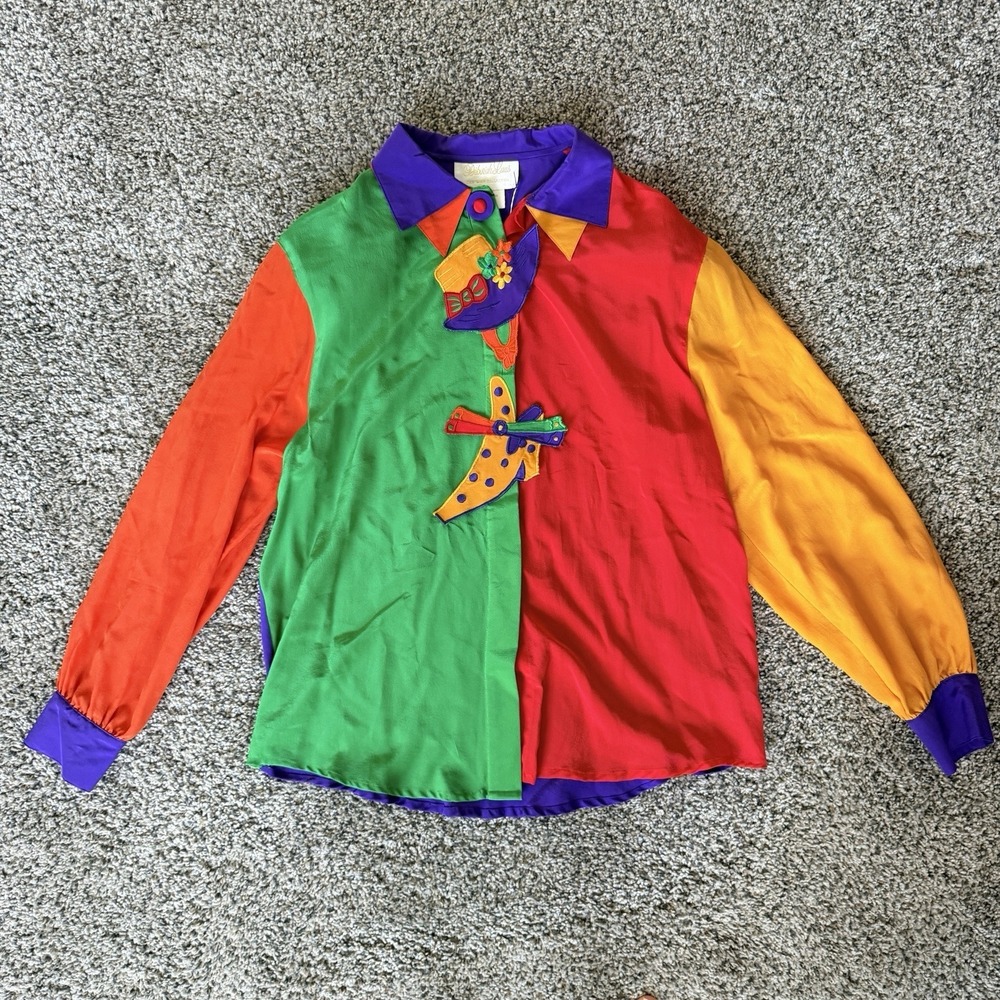 VTG Deborah Laus Silk Colorblock Hat & Shoe Applique Button-Up Blouse 8